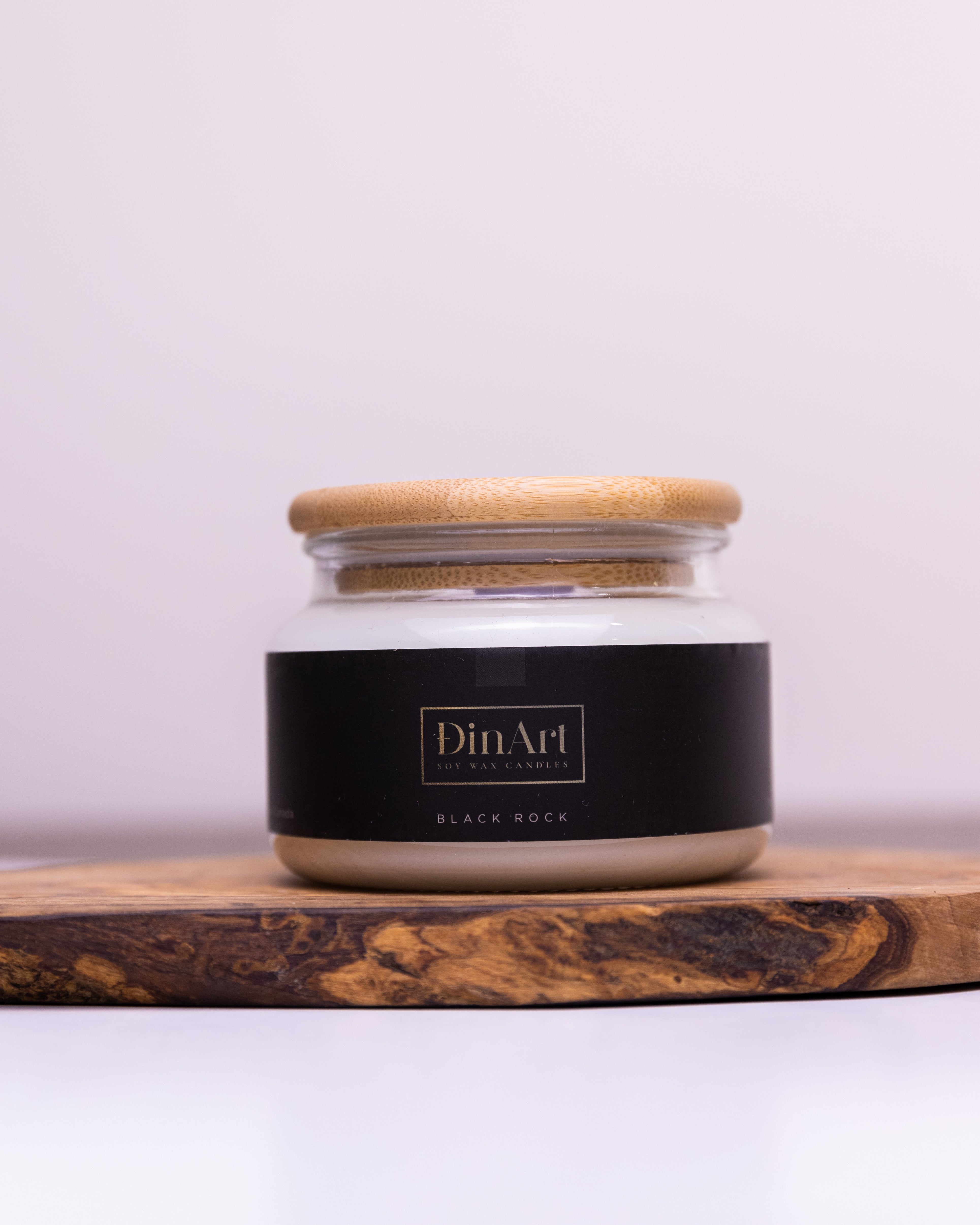 Soy wax candle front view black rock