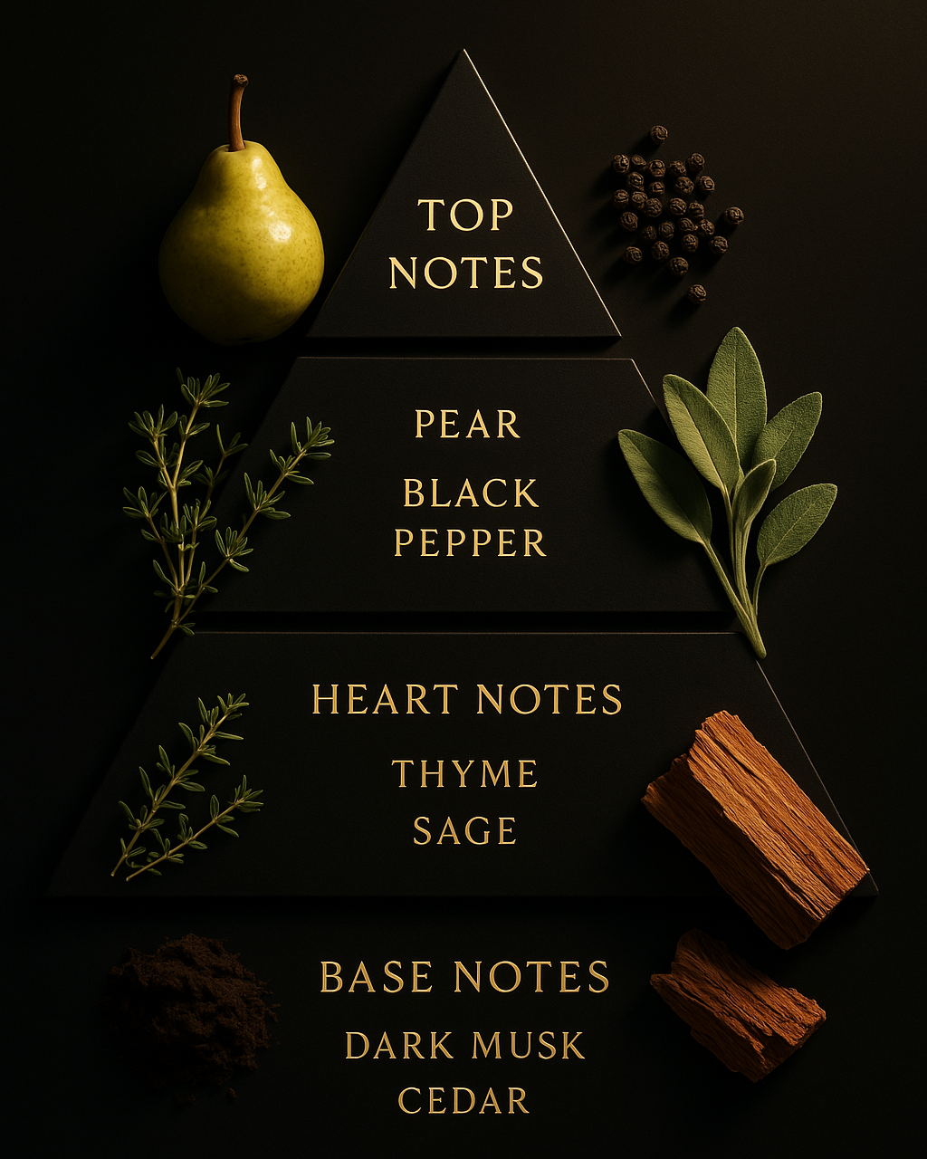 Reed diffuser pyramid, includes pear, black pepper, thyme, sage, dark musk, cedar