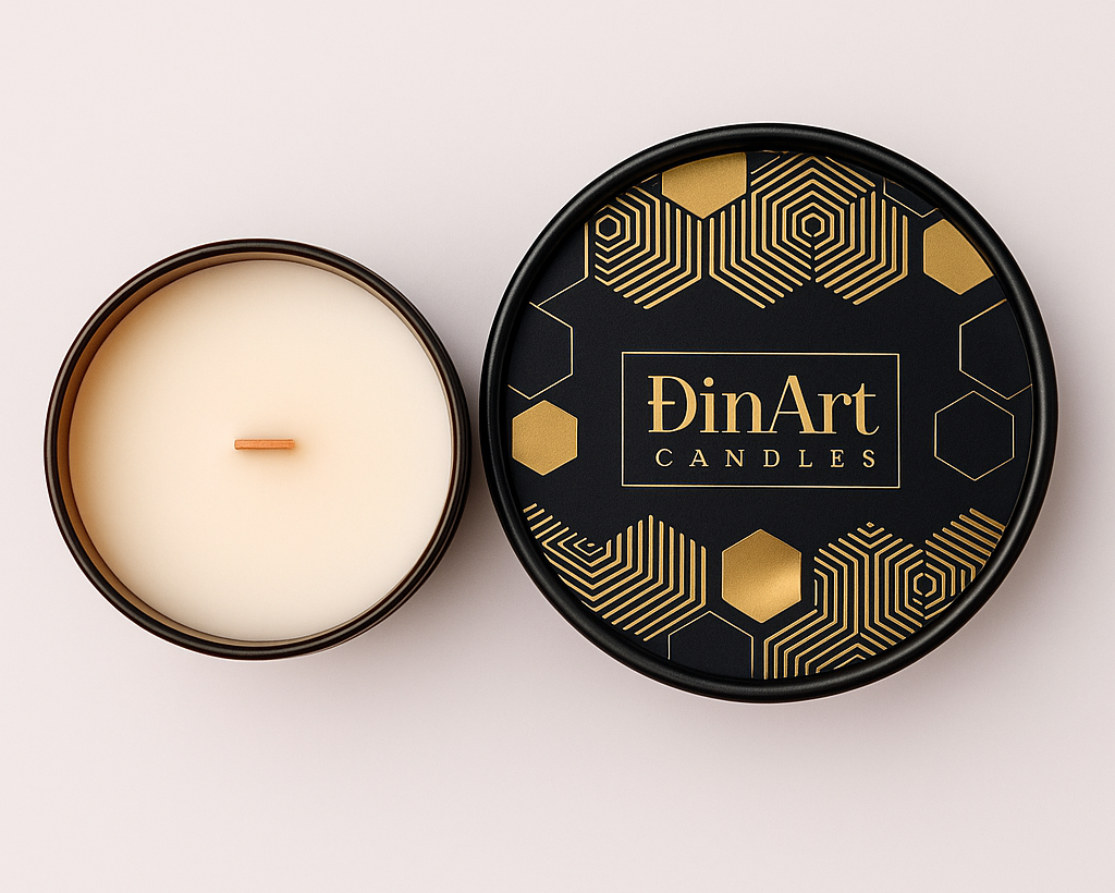 DinArt candles with decorative lid on a light background