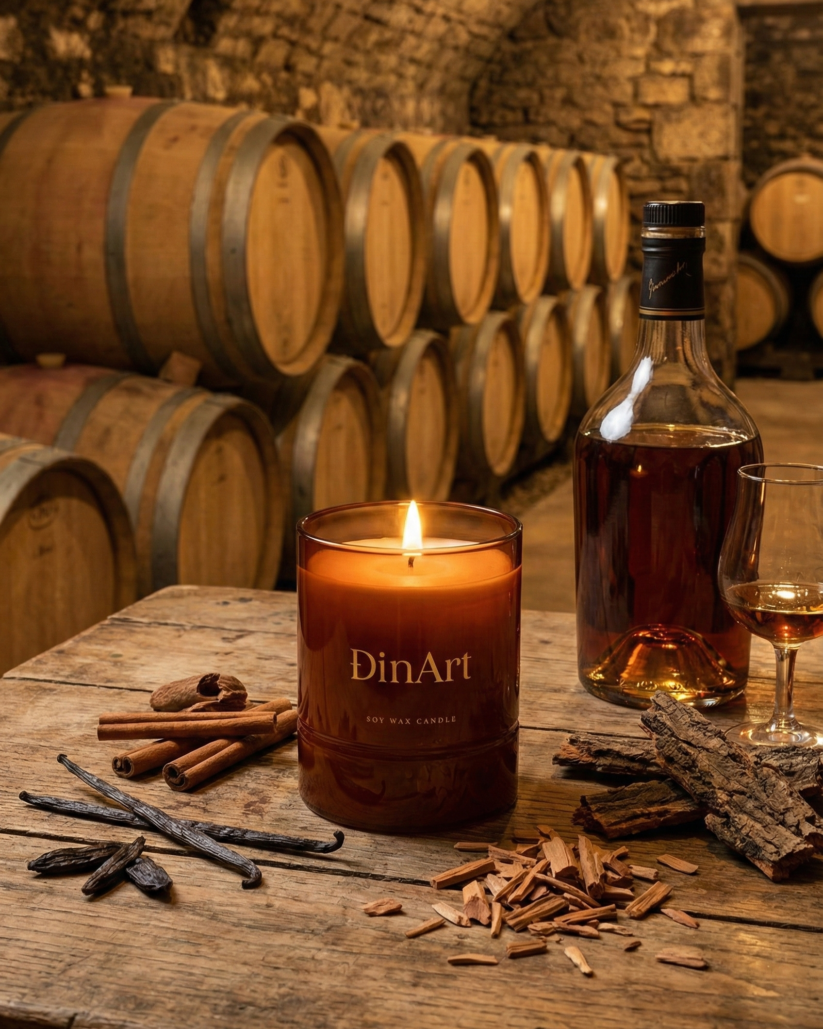 Candle labeled 'DinArt' with a bottle of whiskey and glass in a wine cellar setting.