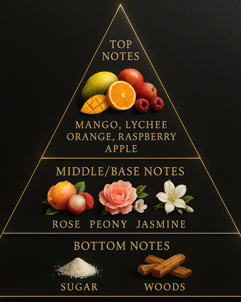 Reed diffuser pyramid, includes mango, lychee, orange, raspberry, apple, rose, peony, jasmine, sugar, woods