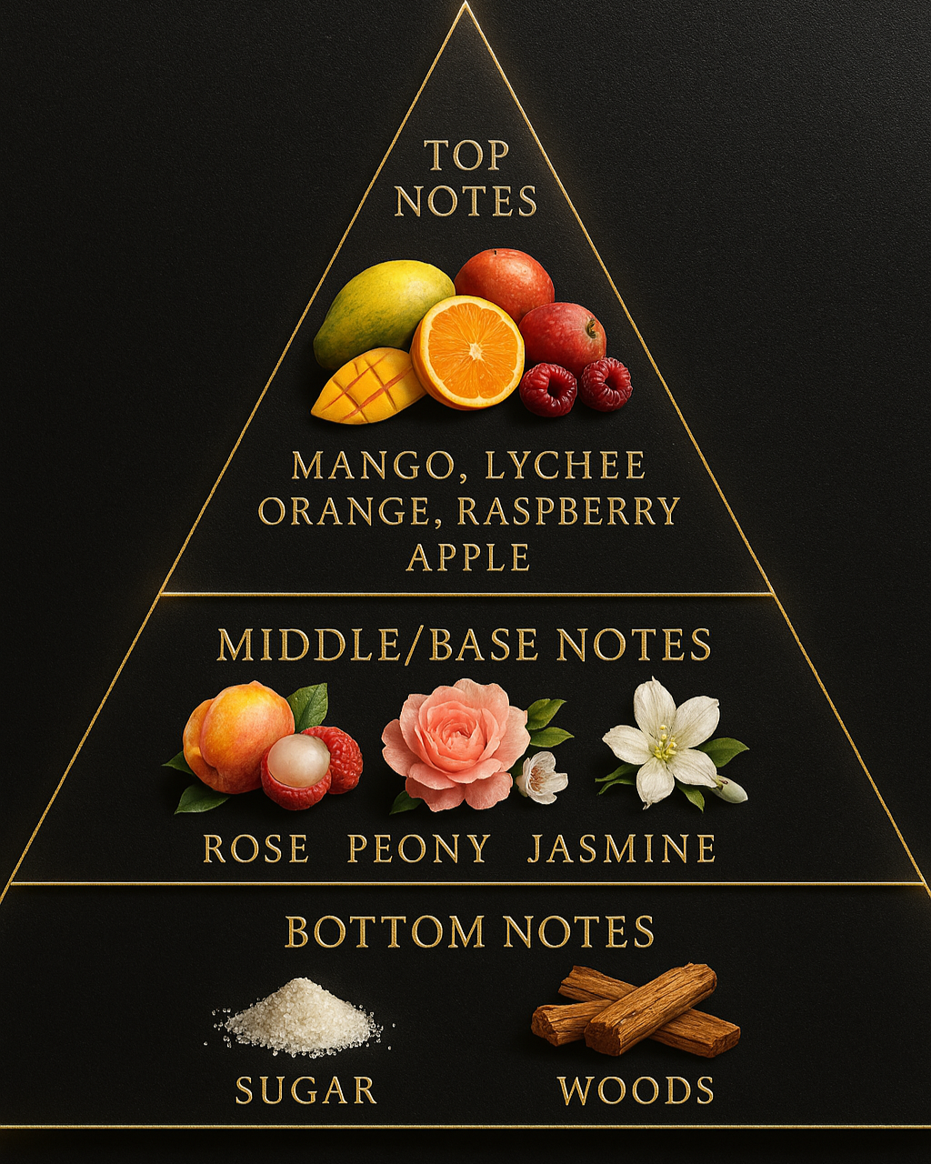 Reed diffuser pyramid, includes mango, lychee, orange, raspberry, apple, rose, peony, jasmine, sugar, woods