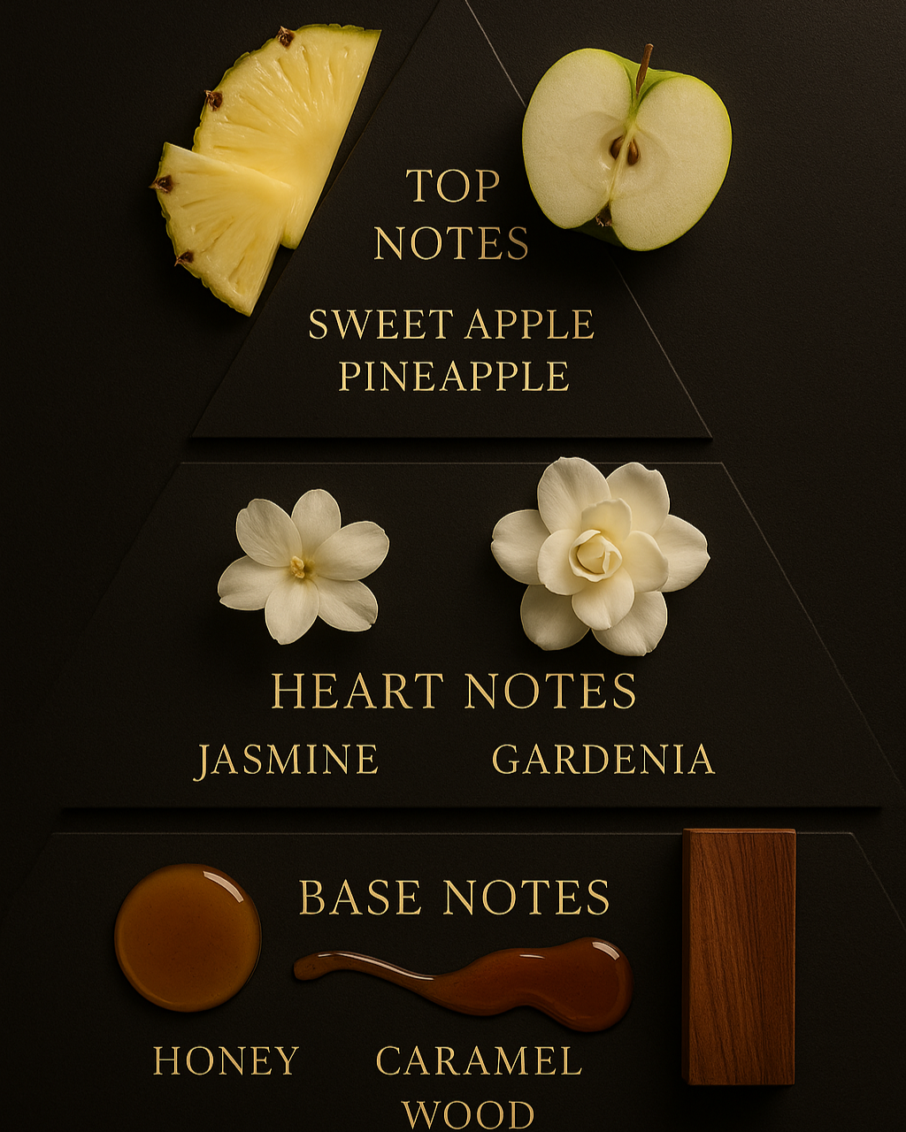 Reed diffuser pyramid, includes apple, pineapple, jasmine, gardenia, honey, caramel, wood