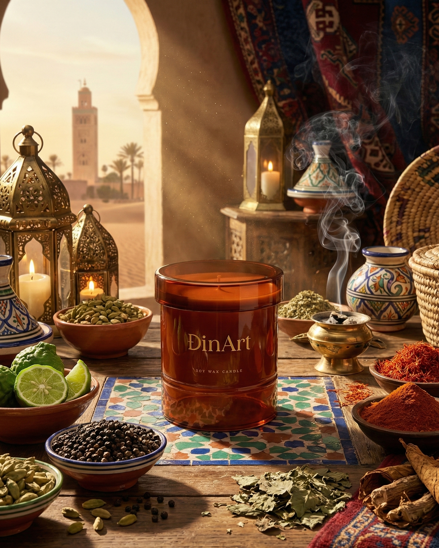 Decorative setup with 'DinArt' candle, lanterns, and spices in a warm, sunlit setting.