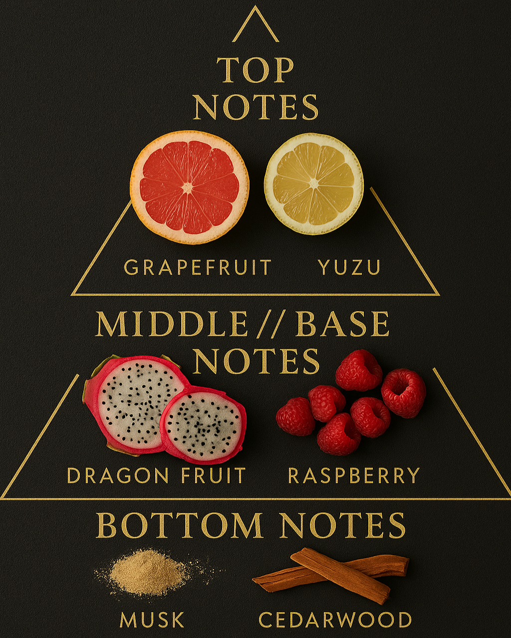 dragon bloom scent pyramid, including grapefruit, yuzu, dragon fruit, raspberry, musk, cedarwood