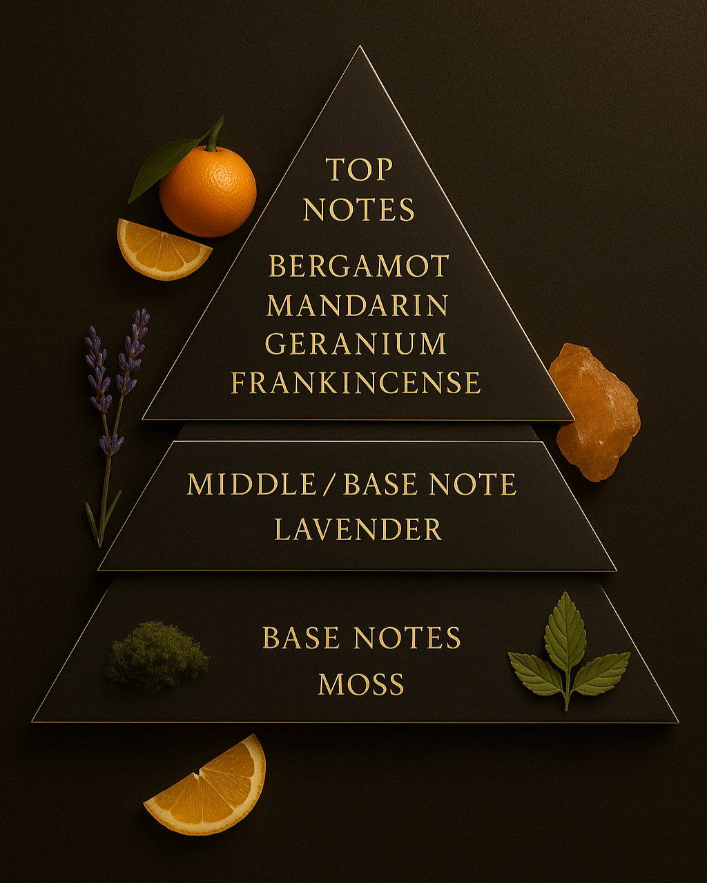 Reed diffuser pyramid, includes mandarin, bergamot, geranium, lavender, amber, moss, patchouli