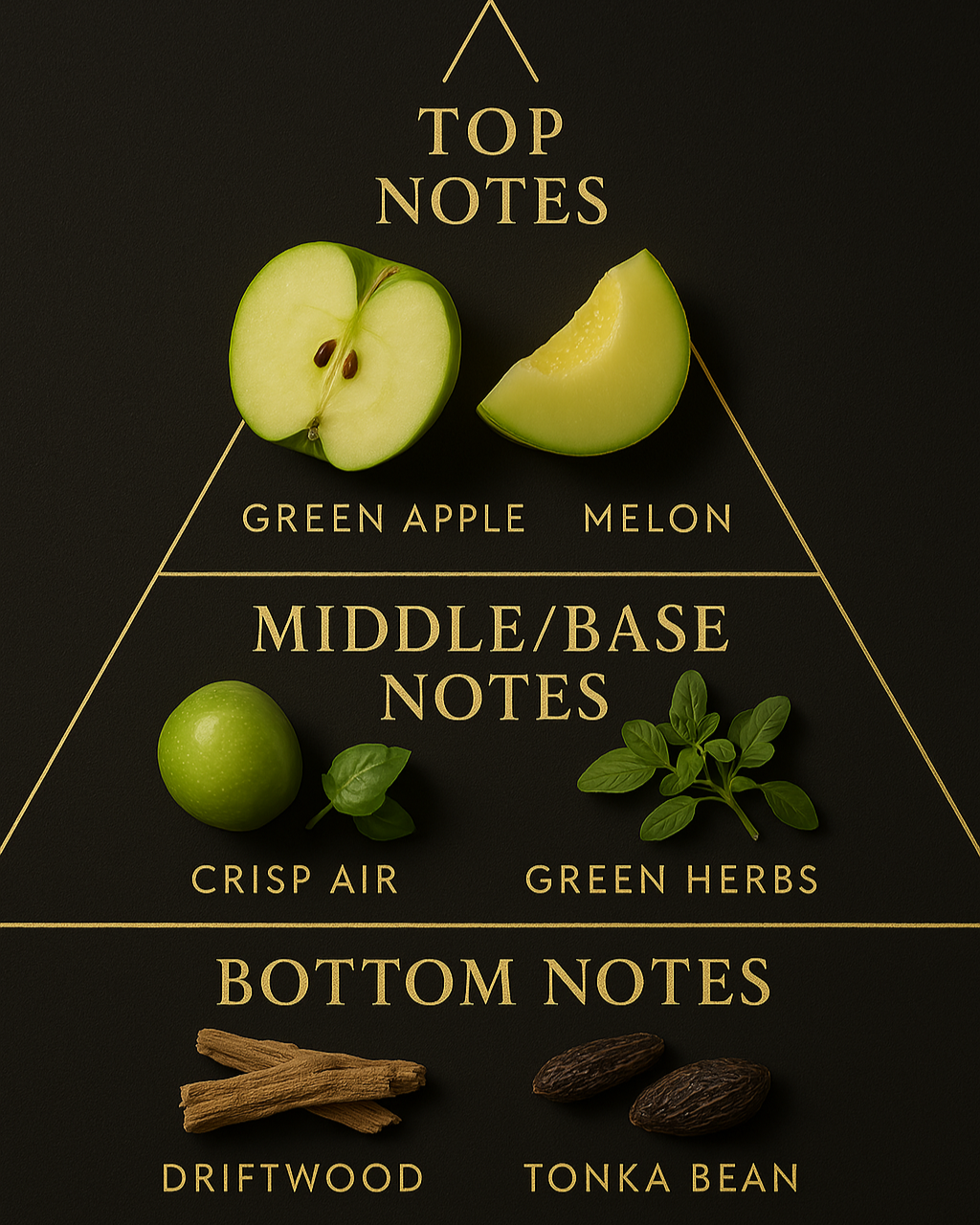 Reed diffuser pyramid, includes green apple, melon, green herbs, driftwood, tonka