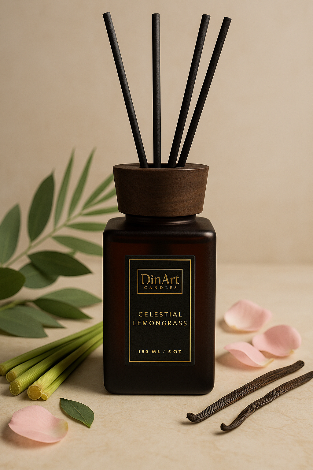 Celestial Lemongrass reed diffuser AI generated, presented fragrances are visible around