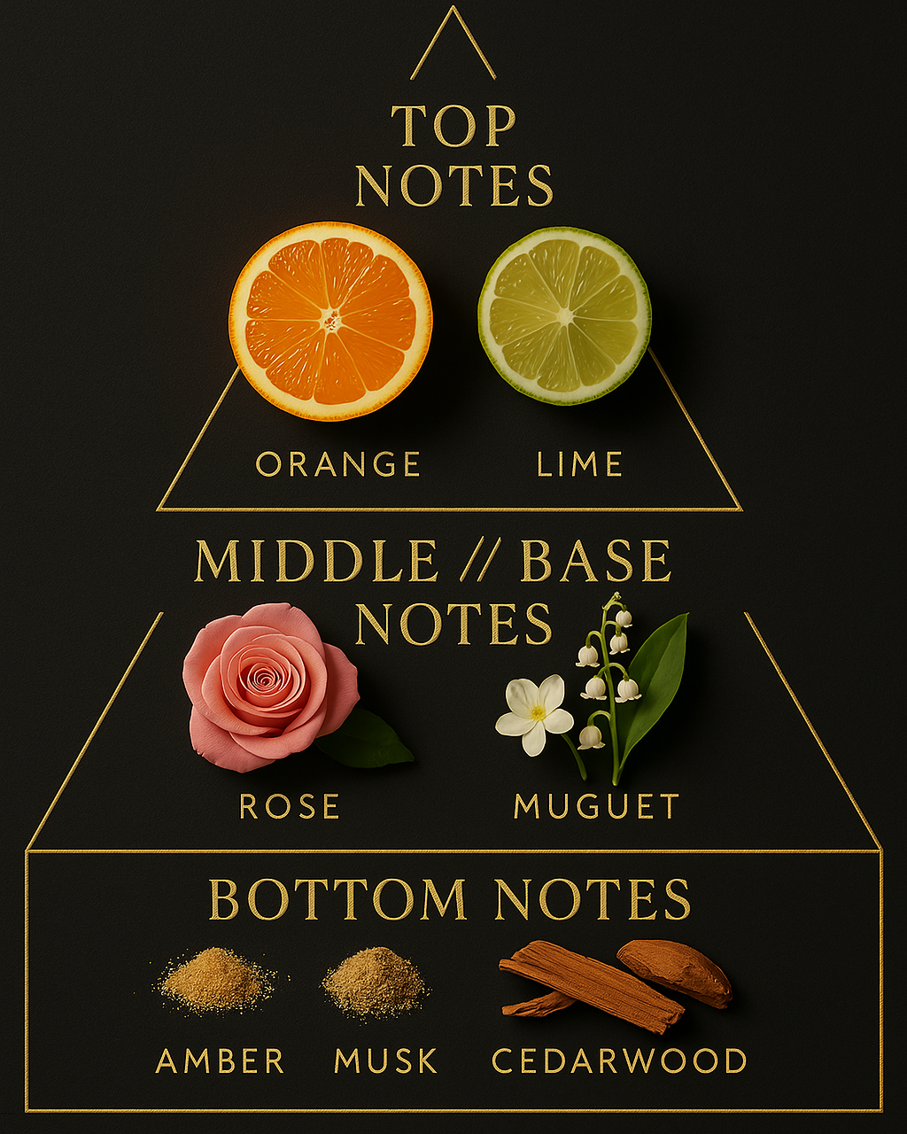 Reed diffuser pyramid, includes orange,
lime, rose, muguet, amber, musk, cedarwood