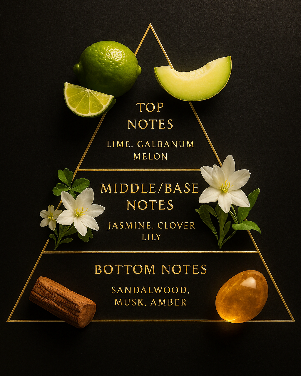 Reed diffuser pyramid, includes lime, melon, galbanum, jasmine, clover, lily, sandalwood, musk, amber