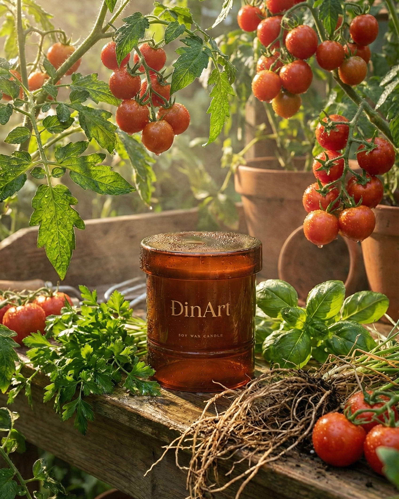 Candle labeled 'DinArt' surrounded by tomatoes and greenery