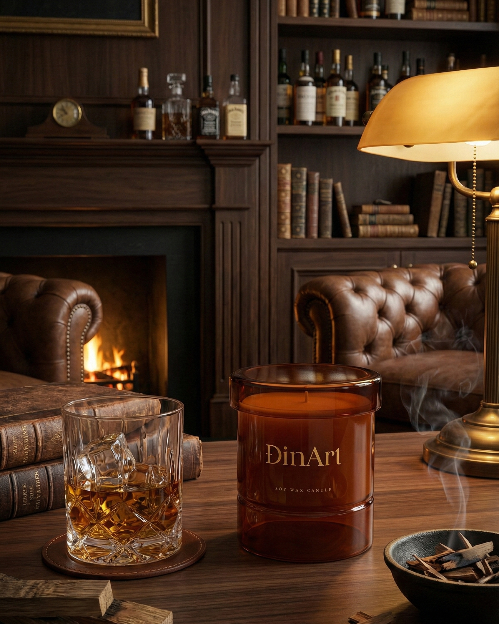 Candle labeled 'DinArt' with a glass of whiskey on a wooden table in a cozy room with a fireplace and bookshelf.