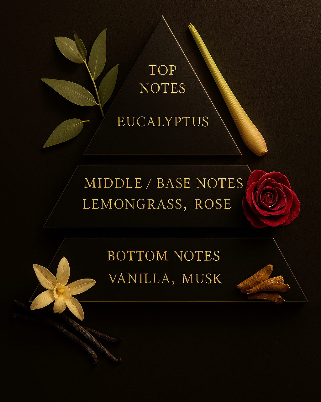 celestial lemongrass scent pyramid, including eucalyptus, lemongrass, rose, vanilla, musk 