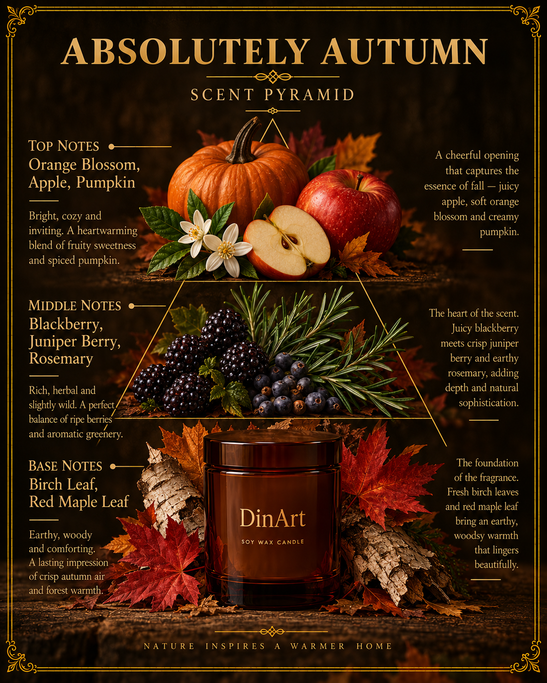 An autumn-themed scent pyramid infographic for the DinArt 'Absolutely Autumn' soy wax candle. The graphic features a dark brown background with gold borders, labeled with top notes (Orange Blossom, Apple, Pumpkin), middle notes (Blackberry, Juniper Berry, Rosemary), and base notes (Birch Leaf, Red Maple Leaf) with corresponding illustrations of pumpkins, apples, berries, and leaves.