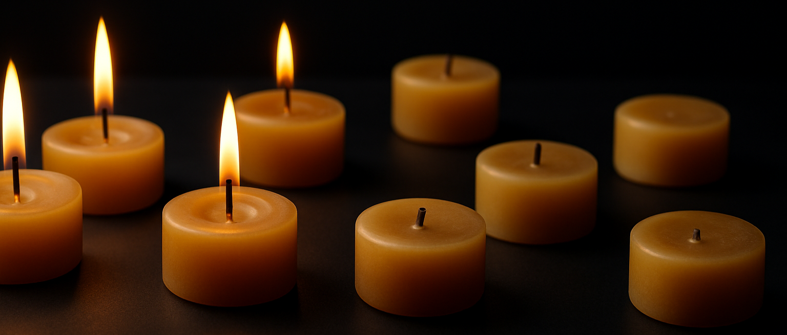 beeswax-tea-lights-on-a-dark-background-and-black-table-top. keep resolution 3200 x 1200. some of candles burn
