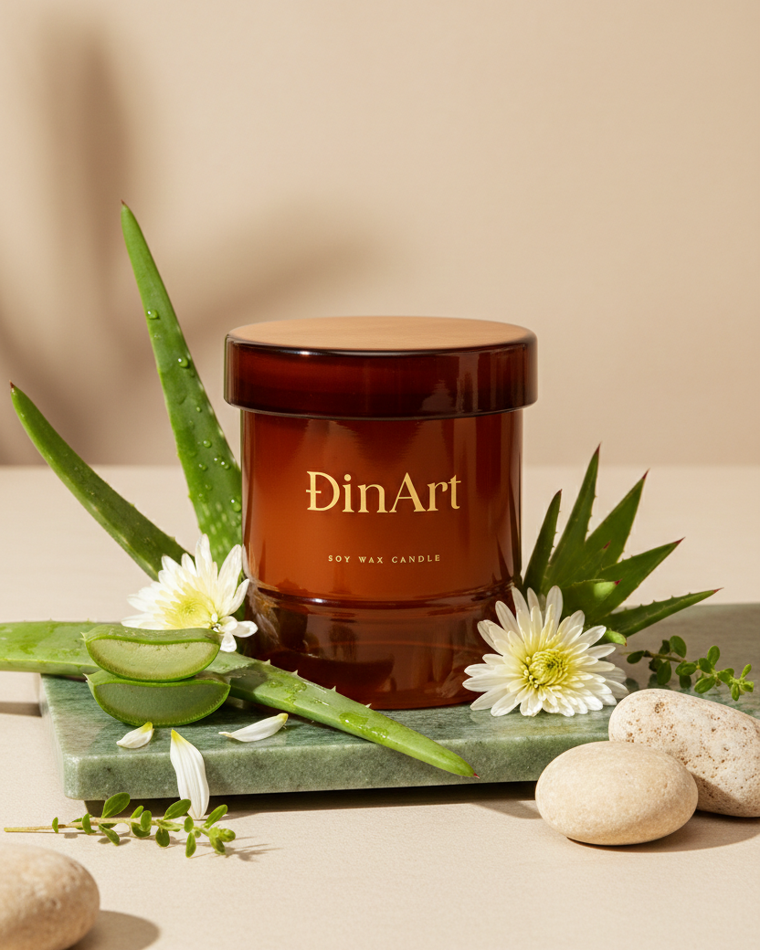 DinArt candle on a stone surface with aloe vera and flowers