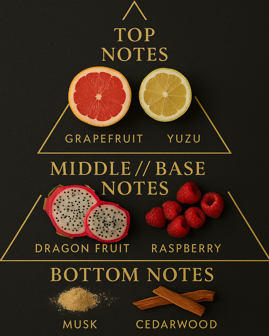 dragon bloom scent pyramid, including grapefruit, yuzu, dragon fruit, raspberry, musk, cedarwood