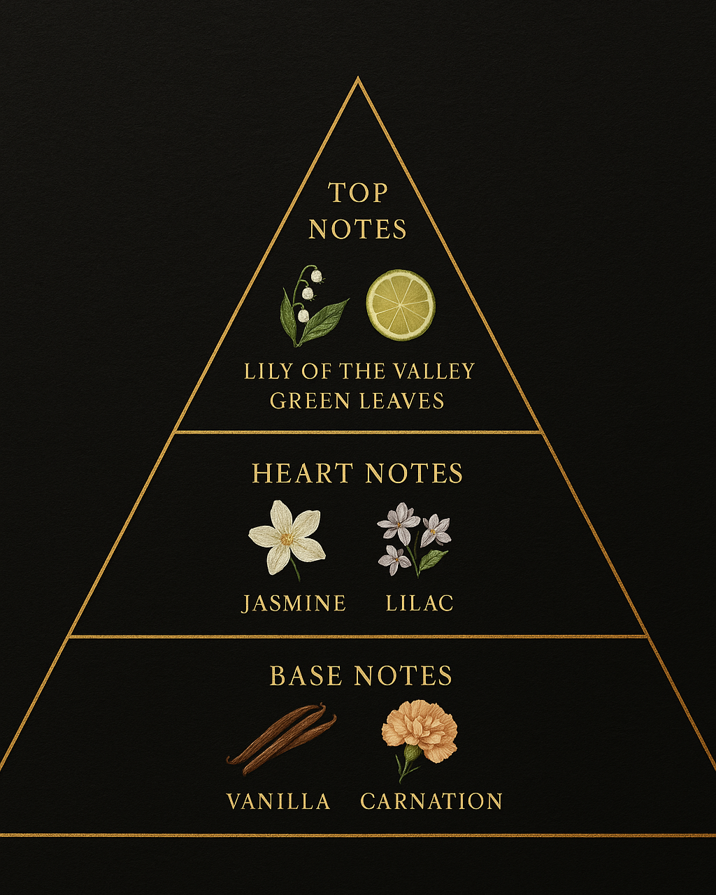 floral alchemy scent pyramid, including lily of the valley, green leaves, jasmine, lilac, vanilla, carnation