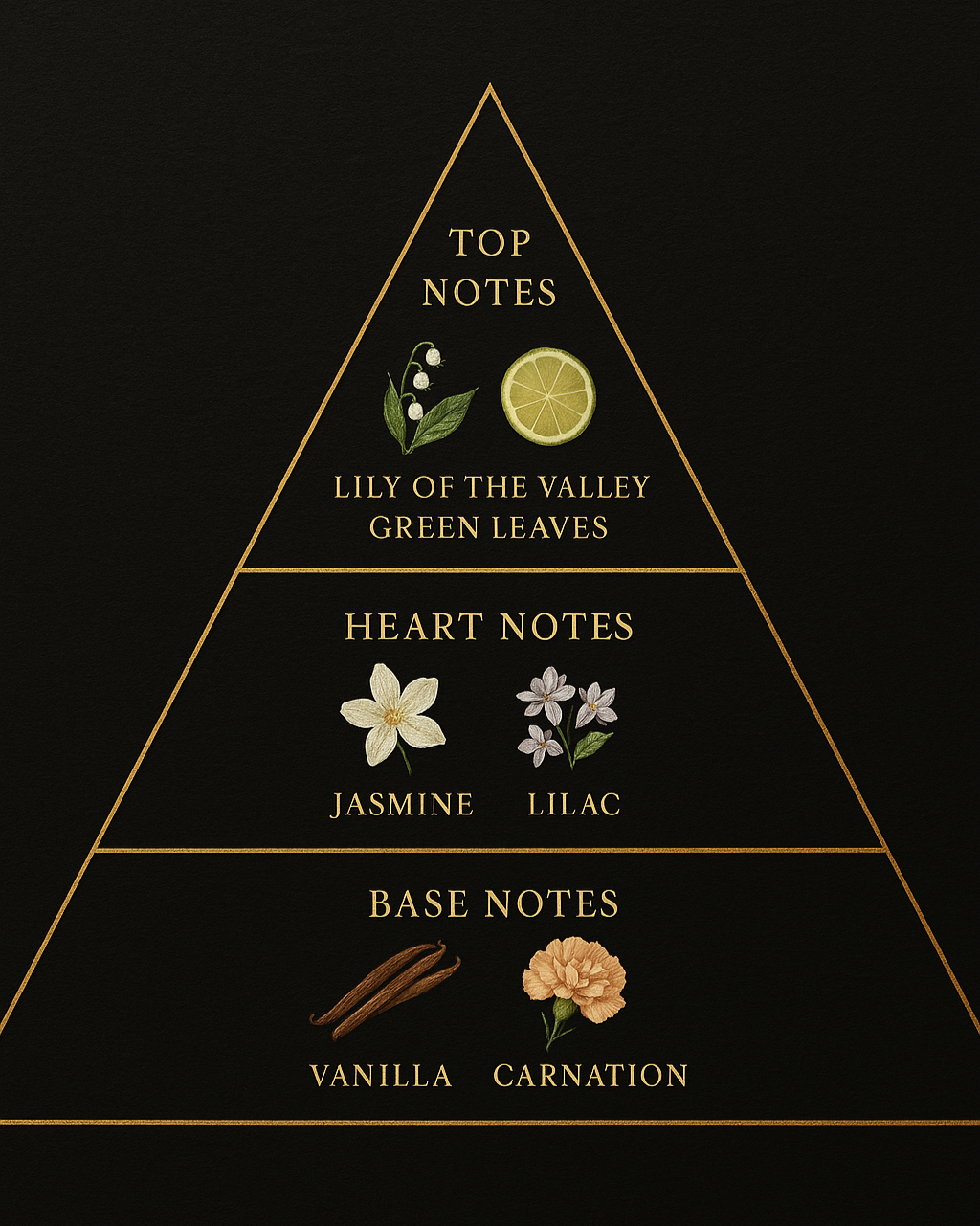 floral alchemy scent pyramid, including lily of the valley, green leaves, jasmine, lilac, vanilla, carnation