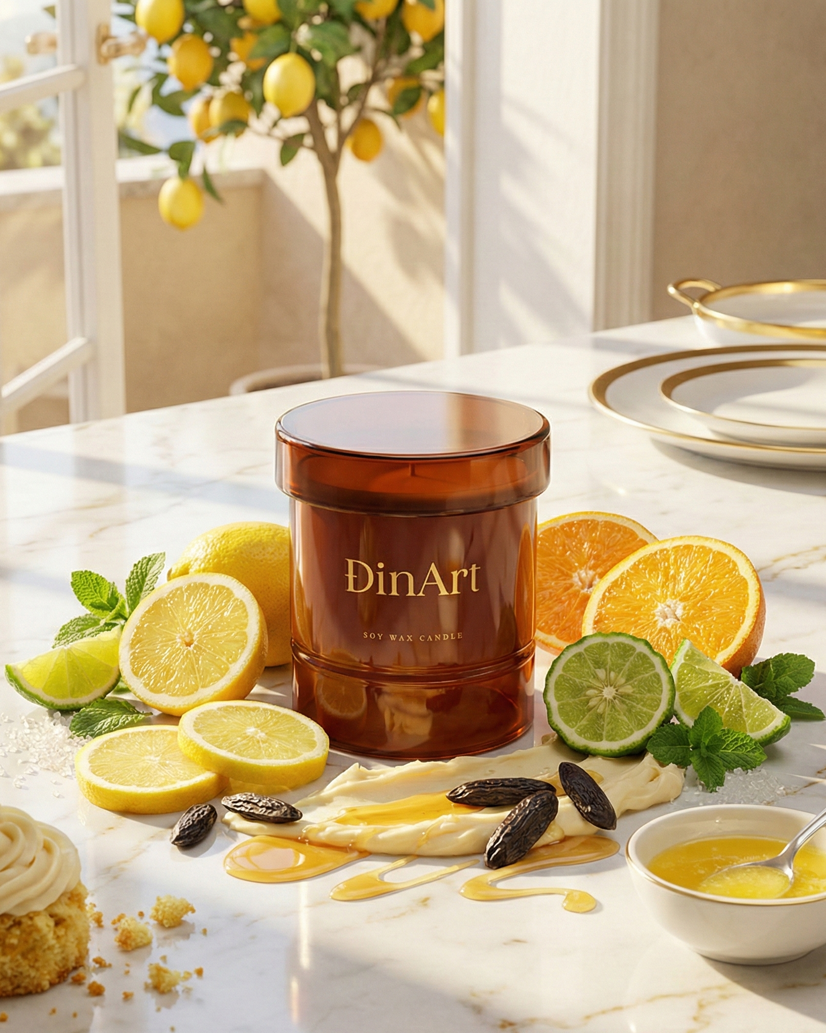 DinArt jar on a table with lemons, oranges, and other items