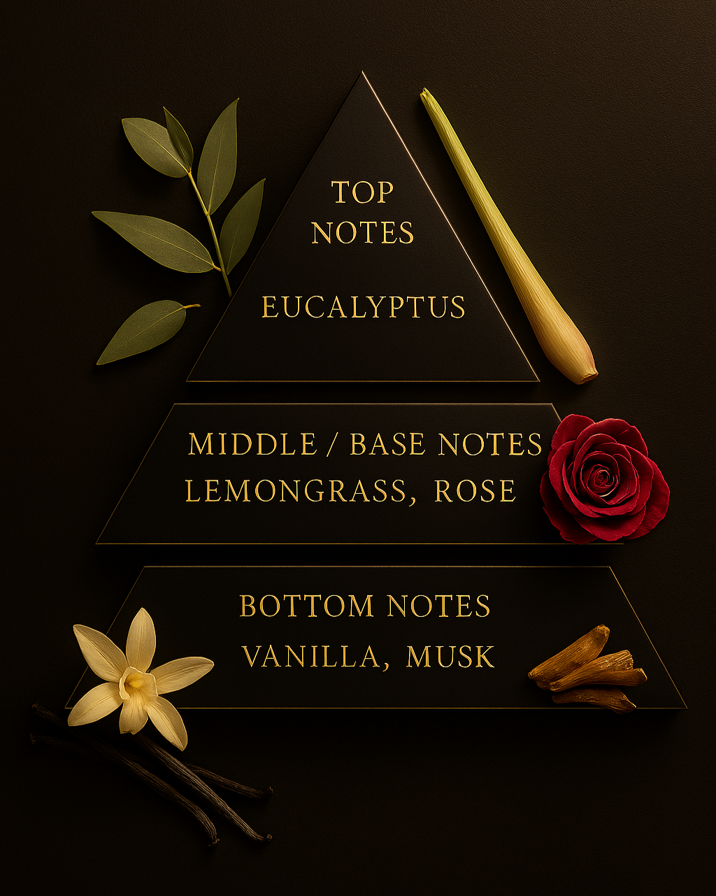 celestial lemongrass scent pyramid, including eucalyptus, lemongrass, rose, vanilla, musk 
