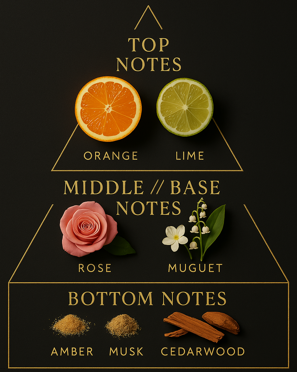 Reed diffuser pyramid, includes orange, 
lime, rose, muguet, amber, musk, cedarwood