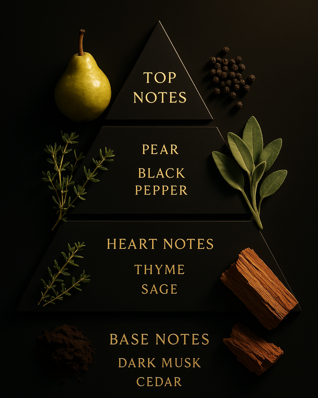 Reed diffuser pyramid, includes pear, black pepper, thyme, sage, dark musk, cedar
