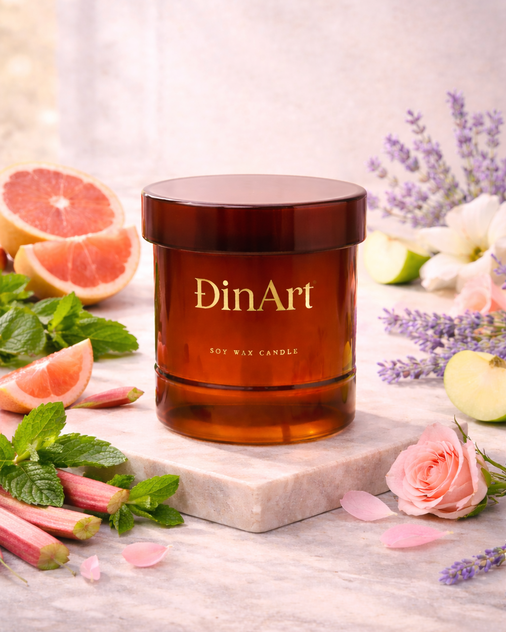 DinArt candle on a marble surface with fruits and flowers
