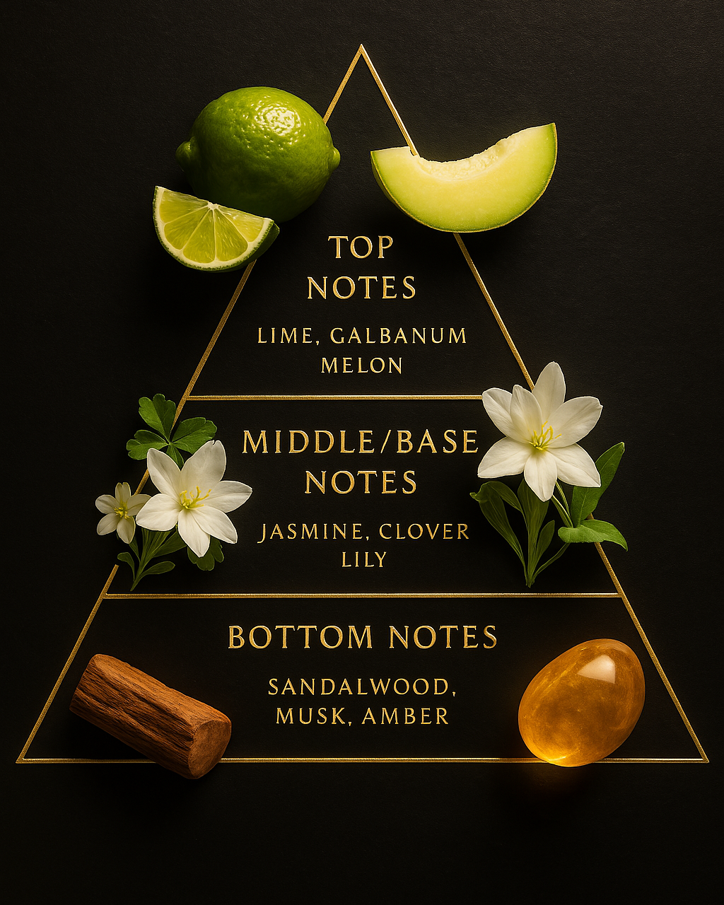 Reed diffuser pyramid, includes lime, melon, galbanum, jasmine, clover, lily, sandalwood, musk, amber