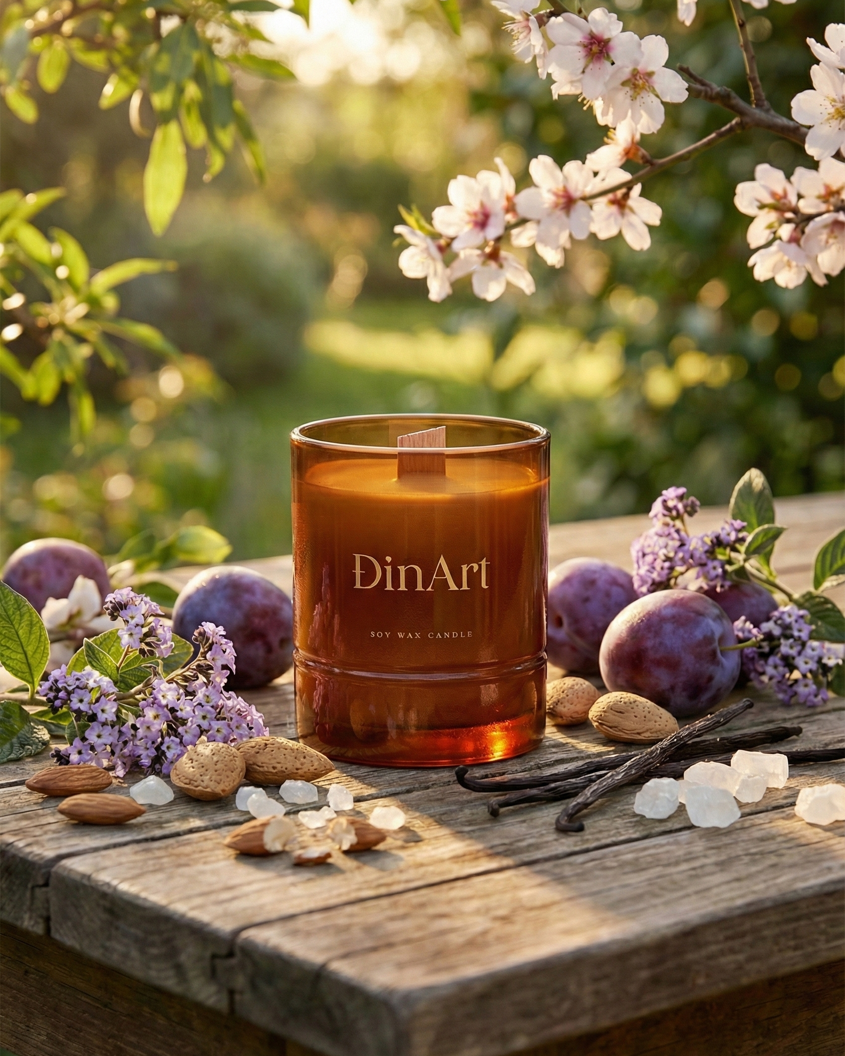DinArt candle on a wooden table with flowers and fruits in a garden setting
