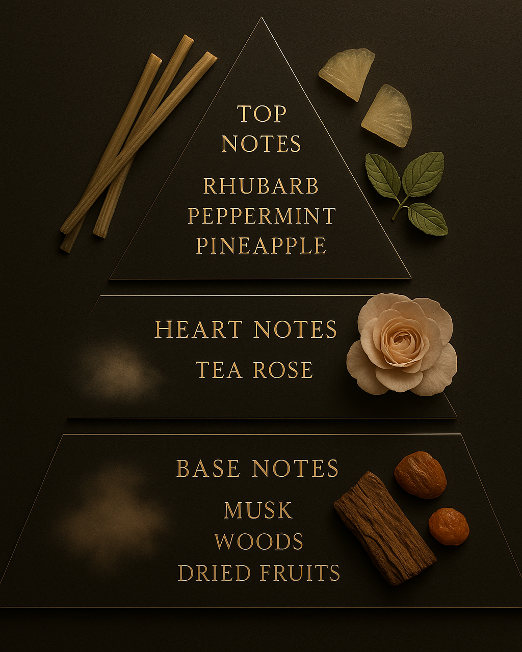 Reed diffuser pyramid, includes rhubarb, peppermint, pineapple, tea rose, musk, woods, dried fruits
