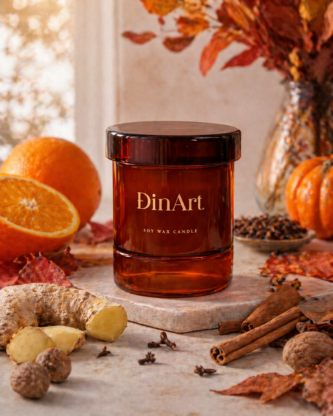 An amber glass soy wax candle jar with a dark lid and gold 'DinArt' branding, styled on a stone slab with autumn spices, ginger, cinnamon, walnuts, and fall leaves around it.